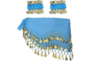 SAMHENG Bauchtanz Hüfttuch mit Armband, 128 Münzen Bauchtanz Rock Wrap Gürtel mit Handgelenk Knöchel Armbänder, Tanz Rock Gürtel Taille Kette für Bauchtanz, Zumba oder Yoga-Klasse, Performance-Kostüm