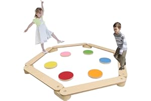 FIVMEN Barra di bilanciamento per bambini con 6 pietre di bilanciamento e 6 pedali di bilanciamento in legno, giocattolo per bambini dai 3 ai 7 anni, per interni ed esterni