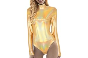 DRALOFAO Damen Glänzende Ballettanzug Ballettbody Sport Tanz Body Gymnastikanzug Trikot Langarm Bodysuit Metallic Wetlook Einteiler Turnanzug Leotards Overall Lack Leder Oberteile Tops Kostüm