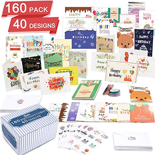 Geburtstagskarte, 160 Stück, 40 Designs Happy Birthday Karten sortiert mit 160 Blanko-Umschlägen, 168 Stück Aufkleber, 6 Washi Tapes, Feela 10 x 15 cm Grußkarten für Mädchen, Familie und Freunde.