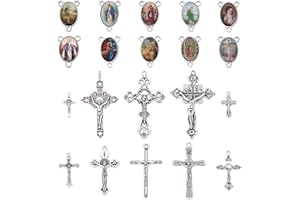 PH PandaHall 10 Sets(20 pcs) Easter Rosary Cross and Center Miraculous Medal with Alloy Crucifix Cross Pendants and Oval Picture Links for Rosary Necklace Bracelet Making Easter Party Favor
