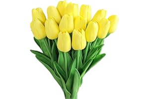 GIUSOBG Flores de tulipán Artificiales 15Pzs Tulipanes Artificiales en látex 34cm Flores Ramos de Tulipanes realistas para Ramos de Boda, Hotel (Amarillo)
