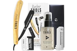 BARBER TOOLS WWW.BARBER-TOOLS.COM Kit de rasage - Rasoir de barbier lame interchangeable + 5 doubles lames (10 Lames Simples) + Chiffon + Stick d'alun + Étui de rangement + Gel de rasage transparent