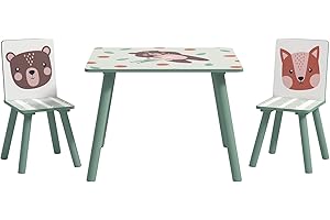 ZONEKIZ Kindertisch mit 2 Stühlen 3-teilig Kindersitzgruppe mit Tiermotiv, Kinder Tisch Stuhl Set Kindermöbel Sitzgruppe für Kinderzimmer, für 3-8 Jahren Kinder, Grün