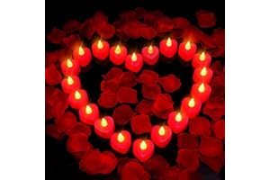 PUSEKY 24 velas LED en forma de corazón y 1000 pétalos de rosa artificiales, velas LED románticas de amor para noche romántica, día de San Valentín, aniversario, decoración de mesa de boda