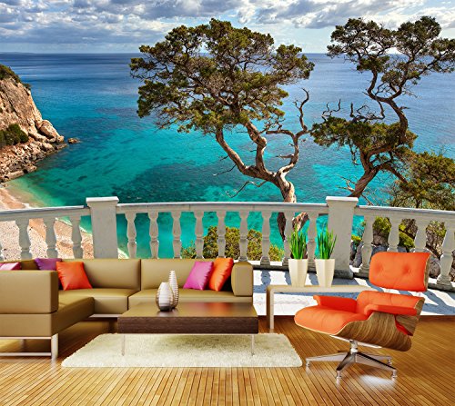 Fototapete Balkon auf das Meer Tapete Kunstdruck Wandbild Vliestapete XXL | XXL 400 x 280 cm - 8 Teile | Vlies