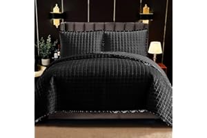 Fit Even Quilt Osca Bedspread 2 Piece Set – Coverless Quilted Square Pattern Bedspread, Comforter Throw, Summer and All-Season Lightweight Bedding Sets, with 1 Pillow Sham (Single, Black)