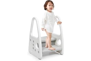 COSTWAY Marche Pieds pour Enfant 2 Marches Antidérapant pour Apprentissage de la Propreté avec Accoudoirs,Tabouret pour Enfants de Structure Triangulaire Escabeau Enfant pour Toilette (Gris)