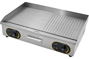 MOOTACO Plancha Électrique Professionnelle Inox 4400W de gril en Fonte 73 * 43cm, Thermostat 50 à 300°C, 2xThermostat, 2 Prises (1/3 lisse +2/3 rayé)