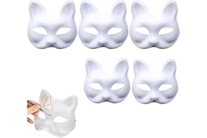 sesameless 5 pcs Cat Masks to Paint,Therian Masks with Straps,Cat Masks to Decorate,White Blank Paper Cat Mask for DIY Cosplay,Animal Half Face Masks for Kids Adults