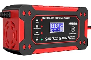 HUSGW 6A Car Battery Charger, 12 V Car Battery Charger, Smart Fully Automatic Intelligent Trickle Charger, LCD Screen, Fully Automatic Charger for Car, Motorcycle, Lawn Mower or Boat