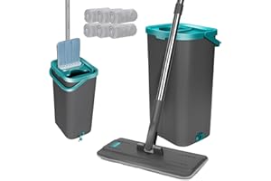 Masthome Balai Serpillière 140cm et Seau Essoreur, Balai Microfibre Rotatif 360° avec 6 Serpillères Réutilisables, Serpillière Plat pour Nettoyage de Sols en Bois Dur, Carrelage, Stratifié et Marbre