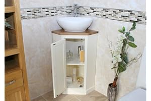 BATHROOMS & MORE STORE Cloakroom Corner Bathroom Vanity | White Unit Oak Top Ceramic Basin (Bowl C)