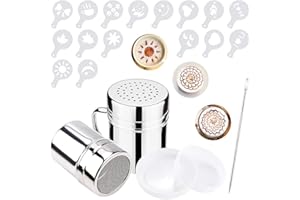 NEW NOAM 2 Sizes Coffee Sprinkles Powder Set,Stainless Steel Mesh Icing Sugar Shaker,with 16 Coffee Stencils for DIY Cappuccino Coffee,Lcing Sugar Cocoa Flour & Latte Coffee