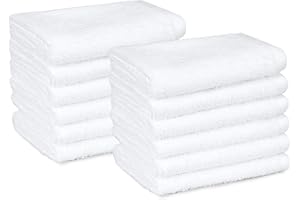 Amazon Basics Juego Toallas Baño 100% Algodón Absorbente Toalla Lavabo 30x30 cm, Blanco, Pack 12 Unidades
