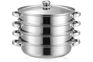 Housoutil Stainless Steel 4 Tier Steamer, 28cm Vegetable Steamer Pot with Lid, Induction Hob Saucepan for Vegetable Dumpling, Work with Gas, Electric, Grill Stove Top
