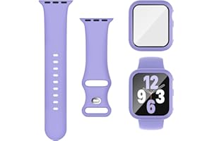 Joehwerr 3-in-1 for Apple Watch Straps 45mm with Case & Screen Protector, Silicone Sport Strap and Protective Cover with 9H Tempered Glass for iWatch Series 9/8/7, Violet