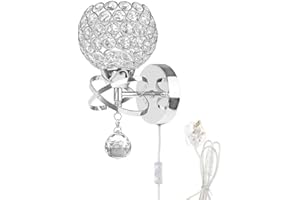 WeFoonLo Round Modern Crystal Wall Light Chrome Finish Bedroom Wall Sconce Lighting Fixture with Switch and Plug, E27 Socket