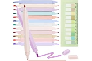 Duemste Double Tips Pastel Highlighters pens,12 Pack Aesthetic Cute Highlighters,Bible Highlighters With Chisel Tip Highlighter Set No Bleed with 10 Sticky Note for Journals,School Supplies
