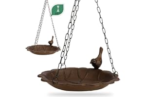 WILDLIFE FRIEND Bebedero colgante para pájaros de hierro fundido – Hoja de rosas de agua con pájaro – resistente a las heladas, baño para pájaros, comedero para aves silvestres en el jardín o balcón