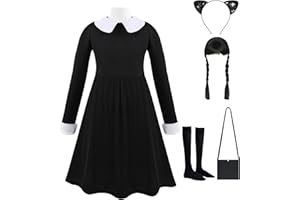 AICEROUS Disfraz Miercoles Niña(4-15), Vestido de Miercoles con Peluca y Accesorios, Vestido de Princesa Negro, Vestido Gótico, ideal para Carnaval, Mascarada, Halloween y Cosplay