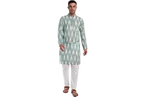 SKAVIJ Herren Ikat Kurta Pyjama Set – Langarm Indisches Outfit aus Baumwolle – Traditionelle Tunika mit Hose für Feste & Alltag