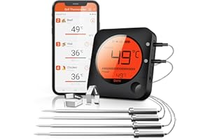 BFOUR 100m Grillthermometer Bluetooth, Fleischthermometer kabelloses mit 4 Edelstahlsonden, große LCD-Anzeige, Bluetooth Bratenthermometer für Grill, Smoker, Ofen, BBQ