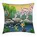 Produktbild Cartoon Throw Pillow Cushion Cover, Vector Cute Ducks Frogs in a Lake Pond Trees Image Kids Nursery Design Artwork, Decorative Square Accent Pillow Case, 18 X 18 Inches, Multicolor