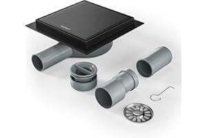 Bernkot Caniveau de douche carré 15 x 15 cm, siphon à 360° avec système anti-odeurs et tamis à cheveux, 2 en 1, en acier inoxydable, à carreler, très plat, DN50 DN40, noir, 15 cm - noir