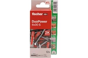 fischer - Duopower 6x30 Con Tornillo - 12U, Tacos para pared multimaterial, sirven para Colgar Bicicletas, Cuadros, Armarios, Soportes de Televisión, Estanterías, Muebles.