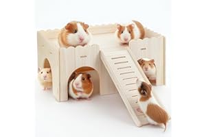 YIBEBE Casetta per Conigli Casa per Porcellino D'India: Grande casa per porcellino d'India - Casetta Coniglio con Rampa 4 Entrate - Accessori Giocattolo per porcellino d'India (Wood)