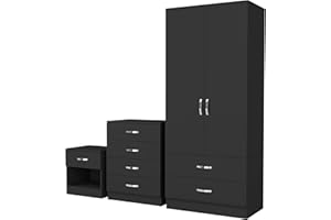Nera Bedroom Furniture Set 3 Piece Set Wardrobe with Drawers Chest of Drawer Bedside Table Bedroom Storage (Matt Black)