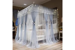 Joyreap Luxuriöse Betthimmel-Vorhänge mit 4 Ecken, Grau und Weiß, gemütliches Drapiernetz – niedlicher Prinzessinnen-Stil, Schlafzimmer-Dekorations-Zubehör (218,4 cm B x 198,1 cm L, King-Size)