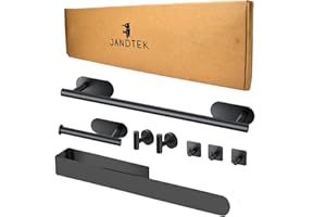 JANDTEK Porta asciugamani bagno adesivo - Accessori bagno senza forare - Set bagno completo: porta rotoli di carta igienica, asciugamani da bagno, appendi asciugamani da bagno e ganci da parete. (negro)