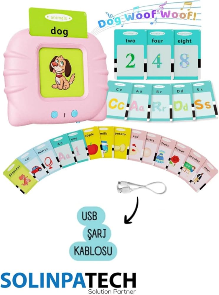 Solinpatech Pembe Ingilizce Sesli Flash Eğitici Oyuncak Aktivite Kartları| 112 Kart – 224 Kelime