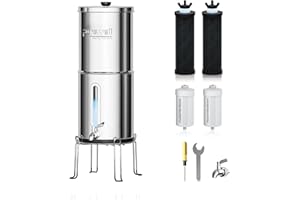 Purewell Sistema de agua de ultrafiltración por gravedad de 8 niveles, certificado EU 98/37/CE, sistema de encimera de acero inoxidable 304 con 4 elementos y soportes, reduce el fluoruro y el cloro de