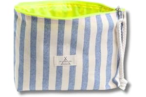 MY WANDER Neceser Mujer de Tela para Maquillaje y Viajes - Bolsa de Aseo Plegable con Forro Impermeable - Bolso de Mano con Cremallera Fluor y Cordón - 20x28x6cm - Fabricado en España (Navy Stripes Forro Suave)