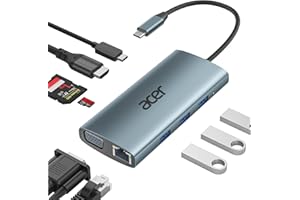 acer Docking Station USB C 9 en 1, Hub USB C Ethernet, Ataptador Tipo C a HDMI 4K, Carga PD 100W, Lector de Tarjetas SD, Hub Ethernet USB a VGA para MacBook Pro/Air, Surface Pro, acer Portátiles y Más