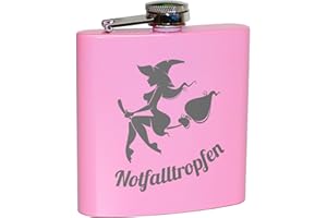 Pixelstudio Notfalltropfen Flachmann in Pink für Frauen | Lustiges Geschenk für Feiern, Partys, JGA, zum Wandern, Skifahren, Bergsteigen etc. | Alkohol Flasche mit Hexe auf Besen, Rosa