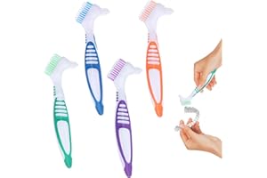 QIANEFFORT Denture Brush - 4 Pcs Double Bristle Head Toothbrush, False Teeth Brush for Cleaning Retainers (Blue, Purple, Green, Orange)
