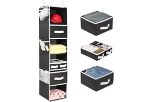 Univivi Hanging Closet Organiser 6-Shelf, Hanging Shelves for Closet with 3 Removable Drawers & 6 Side Pockets, Hanging Shelf Organiser for Bedroom or Garment Rack, 12'' x 12'' x 52'', Black