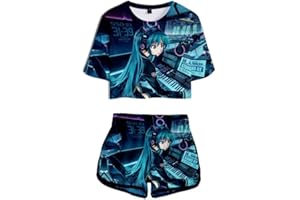 WANHONGYUE Anime Vocaloid Hatsune Miku 3D Printed T-Shirt Crop Top and Shorts Summer Two Piece Outfit Set for Women Girls