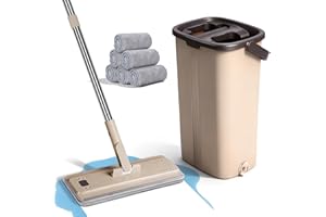Masthome Balai Serpillère, Serpillière Seau Essoreur, Rotatif 360° Serpillere Microfibre et Seau Auto-Lavage, 6 Mops Réutilisables Fournies, pour Nettoyage Tous Les Types de Sols