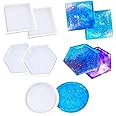 DELFINO 5 Pack Coaster Resin Mould Kit - Transparent Silicone Moulds in Hexagon, Square, Round Shapes for Epoxy Casting, DIY Craft