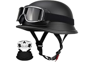 RQTEUYE Deutsche Motorrad Jethelm ECE-Zertifizierung, Vintage Halbhelme Halbschalenhelm mit Schutzbrille Chopper Helm für Cruiser Street Scooter mit Schnellverschlussschnallen 22.4-25.2in