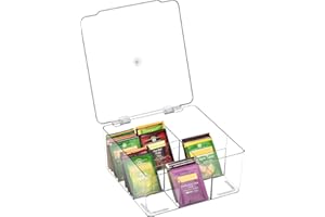 Wuudi Tea Storage Box Tea Organizer Made of Clear Plastic with 9 Compartments Tea Bag Holder for Tea Bags,Sugar, Coffee Pods or Other Small Items