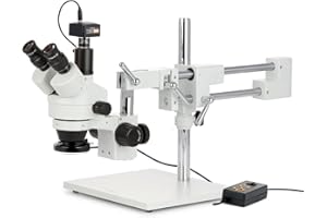 AmScope - Microscopio stereoscopico trinoculare, ingrandimento 3,5X-180X, luce ad anello a 4 zone con 144 LED, fotocamera da 10 MP