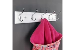lomejii Perchero de pared de madera con 5 ganchos plateados, color blanco, 44 cm, fuerte barra de ganchos para colgar ropa, sombreros, mochilas, gran armario moderno para la entrada, pasillo