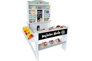 Coemo Kaufladen Nicola Kinder Kaufmannsladen aus Holz, Verkaufsstand Theke, Tafel, Seitentheke & Schublade Marktstand als tolles Geschenk, Grün