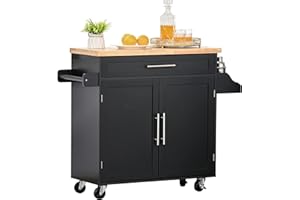 HOMCOM Carrito de Cocina con Armario con Puertas y Estante Interior Ajustable Cajón Barra y Especiero Móvil Aparador Auxiliar con Ruedas para Comedor 109x40x89 cm Negro